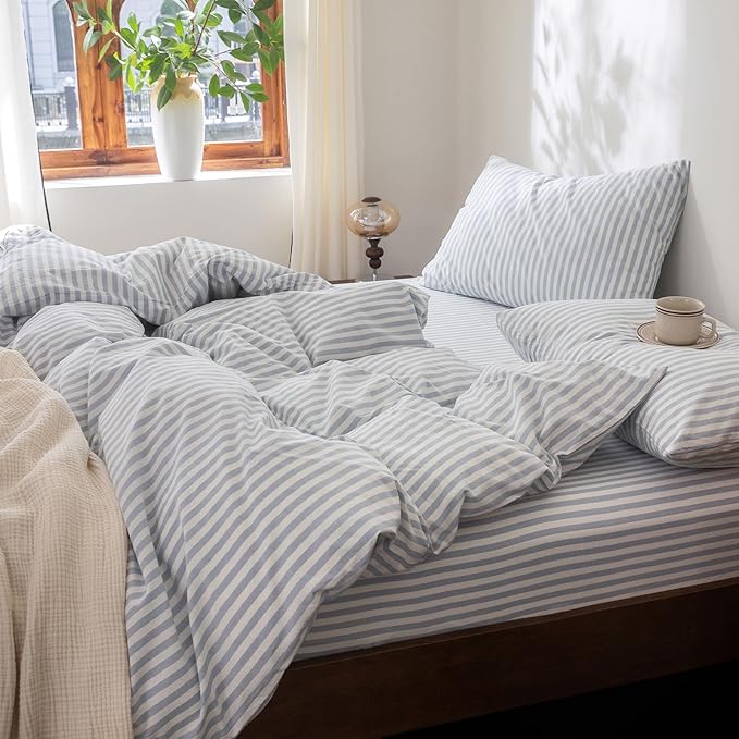 FOSSA Striped Duvet Cover Set 100% Washed Cotton Linen Feel Super Soft Breathable Cozy 3 Pieces Bedding Sets Cornflower Blue White Classic Stripes King