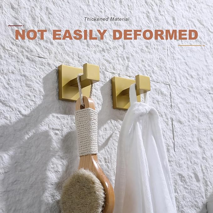 TASTOS Bath Towel Hooks Brushed Gold, 2 Pack Stainless Steel Robe Coat and Clothes Hook, Heavy Duty Wall Hook for Bathroom & Kitchen, Modern Square Style Wall Mounted…