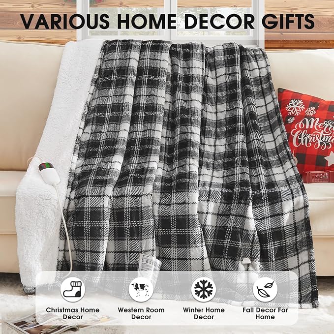 Black Heated Blanket Electric Twin Size,62X84 Heating Blanket with 10 Heats Levels&8 Hours Auto Off&Timer,Plaid Soft Sherpa Black Blankets Warmer Gift for Grandma Women Adult,Fast Heating Washable