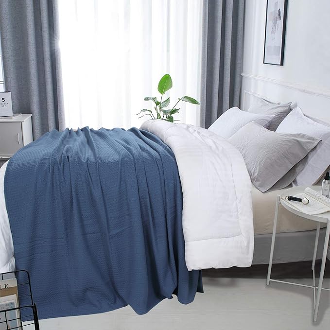 DOLLCENT 100% Cotton California King Size Blanket For Bed, Premium Combed Lightweight Blankets, Washed Breathable Cozy Bed Throw Blanket, Navy Cal King Cotton Blankets For All Season: Navy (102"x108")
