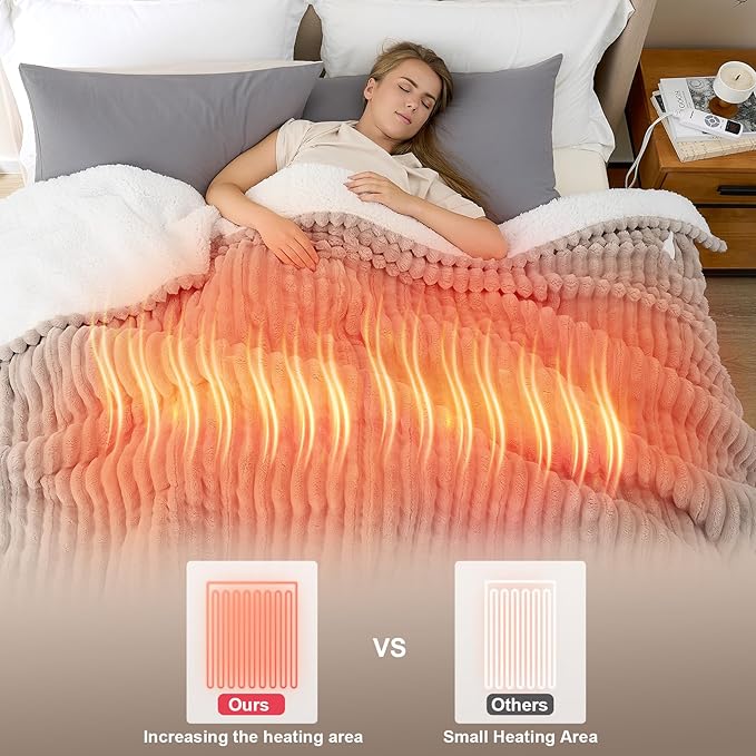 Hansleep Heated Blanket Electric Blanket Throw, Heating Blanket with 9 Heating Levels and 10-Hour Timer Auto Shut Off, Washable Soft Warm Winter Blanket, 50 x 60 Inches, Linen