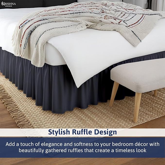 KRISHNA Ruffled Bed Skirt with Split Corners King, 100% Microfiber Hotel Quality, 14 Inch Drop Dust Ruffle Gathered Bedskirt with Platform, 78" x 80", Dark Grey