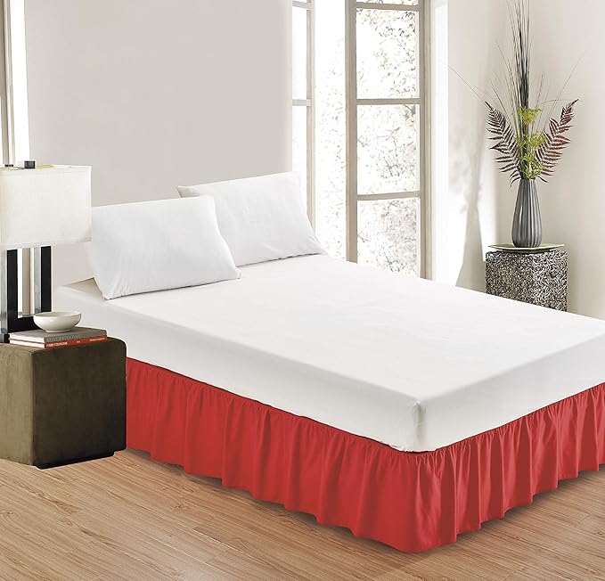 Sheets & Beyond Wrap Around Solid Microfiber Luxury Hotel Quality Fabric Bedroom Gathered Ruffled Bedding Bed Skirt 14 Inch Drop (King, Red)