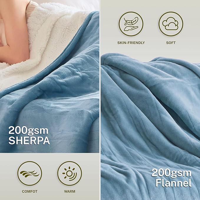 Heat Blanket 50”x60” Throw,Soft Flannel & Sherpa Reversible Electric Blanket with 10 Heat Settings,12 Timer Setting and 3 Hours Auto-Shut Off,ETL Certified Machine Washable,Light Blue