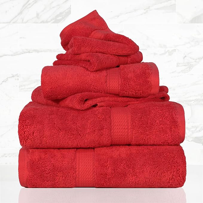 Superior Egyptian Cotton Pile 6 Piece Towel Set, Includes 2 Bath, 2 Hand, 2 Face Towels/Washcloths, Ultra Soft Luxury Towels, Thick Plush Essentials, Guest Bath, Spa, Hotel Bathroom, Red