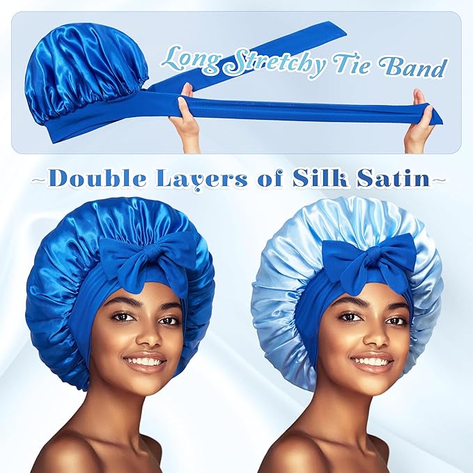 vidsel Bonnet with Tie Band, Hair Care Satin Silk Bonnet for Sleeping Women, Silky Sleep Bonnets for Women, Reversible Double Layer Sleep Cap for Curly Hair Braids