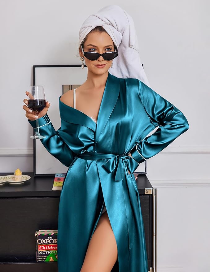Ekouaer Silk Robes for Women Shawl Collar Satin Bathrobe Long Bride Wedding Party Robe Lightweight Sexy Sleepwear S-XXL