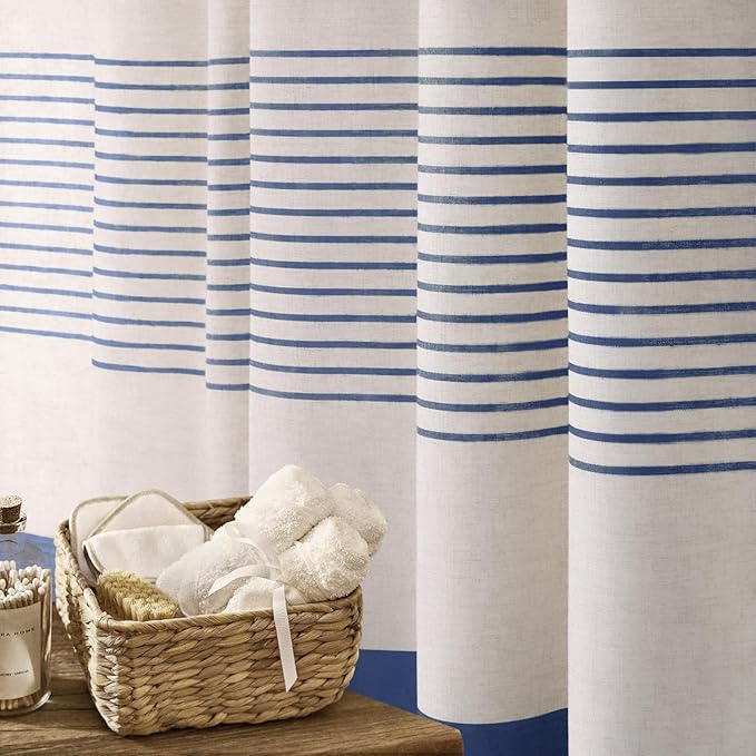 Awellife Blue Shower Curtain for Bathroom Linen Texture Stripe Tassel Shower Curtain 48 X 72 Inches Boho Neutral