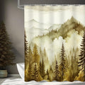 Yellow Extra Long Misty Pine Forest Shower Curtain 72 x 84, XL Mountain Foggy Woodland Scenery Tree Shower Curtains for Bathroom, Abstract Waterproof Nature-Themed Decor