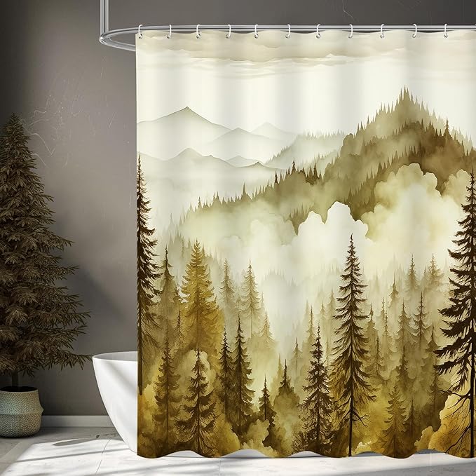 Yellow Extra Long Misty Pine Forest Shower Curtain 72 x 84, XL Mountain Foggy Woodland Scenery Tree Shower Curtains for Bathroom, Abstract Waterproof Nature-Themed Decor