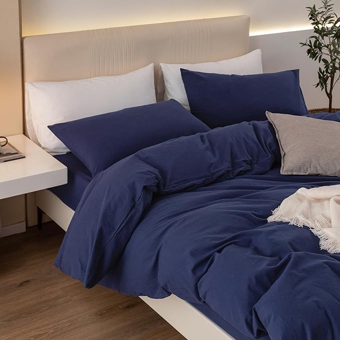 JIYUAN 100% Washed Cotton Duvet Cover Set 3 Pieces Full, 1 Duvet Cover 80x90 Inches(Comforter Not Included) and 2 Pillowcases,Linen Feel Bedding Set Comfy and Breathable,Navy Blue