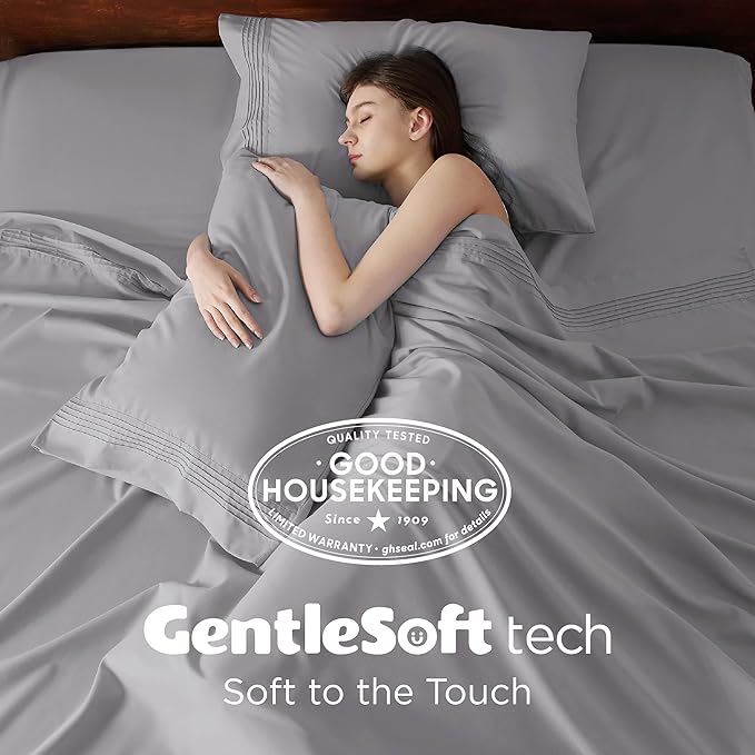 Bedsure Deep Pocket Full Size Bed Sheets Set - Fits Mattresses Up to 21 Inches Thick - 4 Piece GentleSoft Bed Sheets, Moisture Wicking, Cooling Bedsheet & Pillowcases, Easy & Secure Fit, Light Grey
