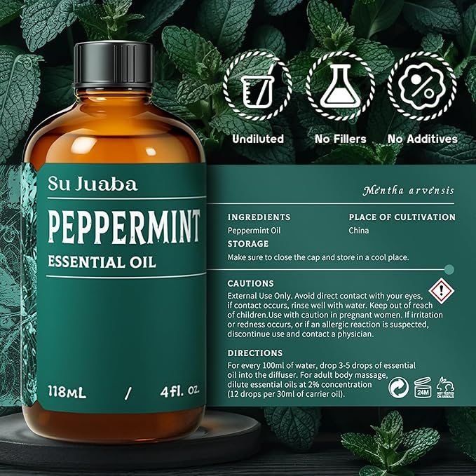 SU JUABA Peppermint Oil 4 Fl Oz, 100% Pure & Natural Aromatherapy Oil for Spray, Diffuser, Skin, Hair - 118ML