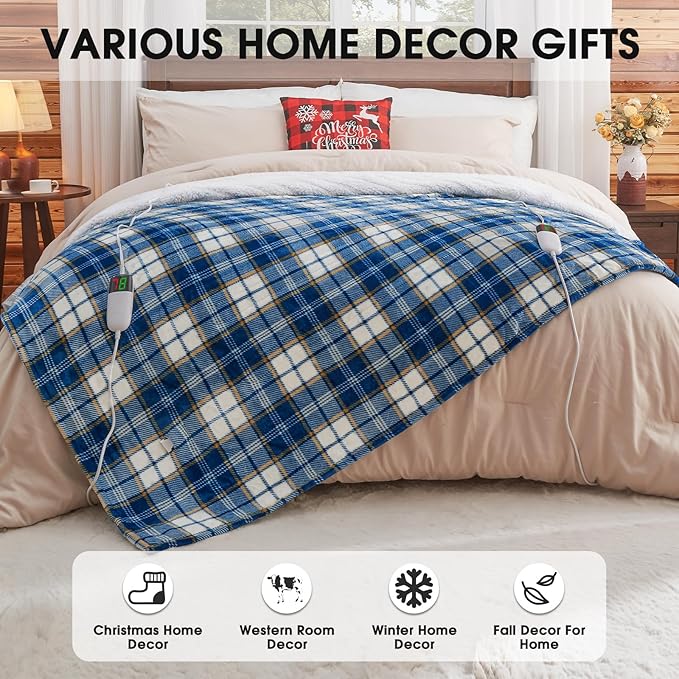 Electric Heated Blanket King Size, 90X100 Heating Blanket King With Dual Control&10 Heats Levels&Timer For Bed,Large Navy Blue Plaid Sherpa Blankets Warmer Gifts for Grandma Women Adults, Washable