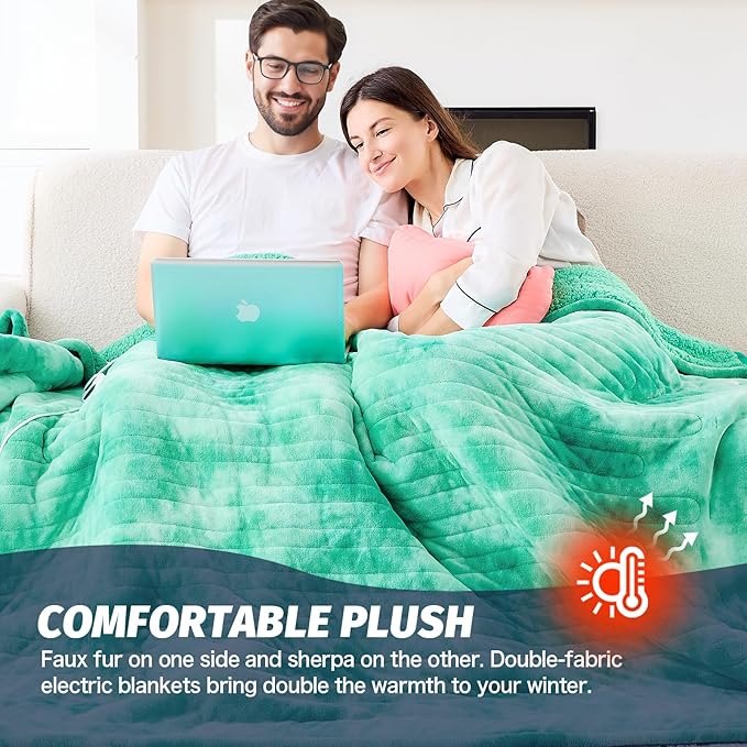 greenoak Heated Electric Blanket Throw, Faux Fur Sherpa Heating Blanket for Sofa Bed, Warm Winter Gifts for Women/Her, Heater Lap Blankets 5-Position Timer &10 Heating Levels 72''*84" Aqua