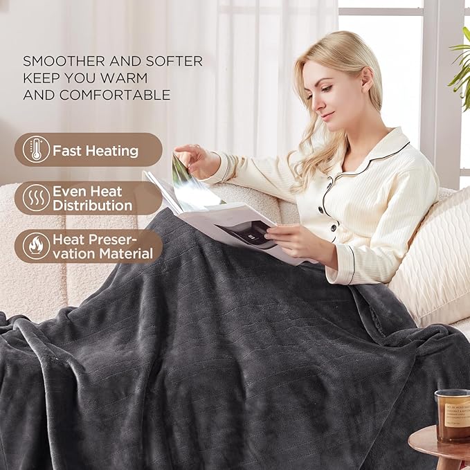 Westinghouse Heated Blanket Throw, Electric Throw with 6 Heating Levels, 2-10 Hours Time Settings, Overheat Protection, Machine Washable, Flannel (Throw, 50x60 Inches, Charcoal)