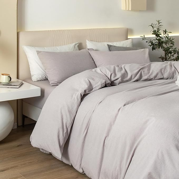 JIYUAN 100% Washed Cotton Duvet Cover Set 3 Pieces Oversized Queen, 1 Duvet Cover 98x98 Inches(Comforter Not Included) and 2 Pillowcases,Linen Feel Bedding Set Comfy and Breathable, Heathered Linen