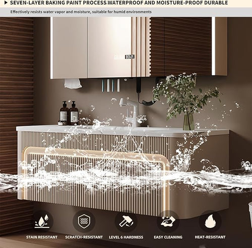 72” Bathroom Vanity Set, Floating Bathroom Vanities with Single Sink, Smart Defog Mirror Cabinet and LED Strip Light, Oak Wood Elegant Bathroom Cabinet with Storage Space (Milk Coffee)