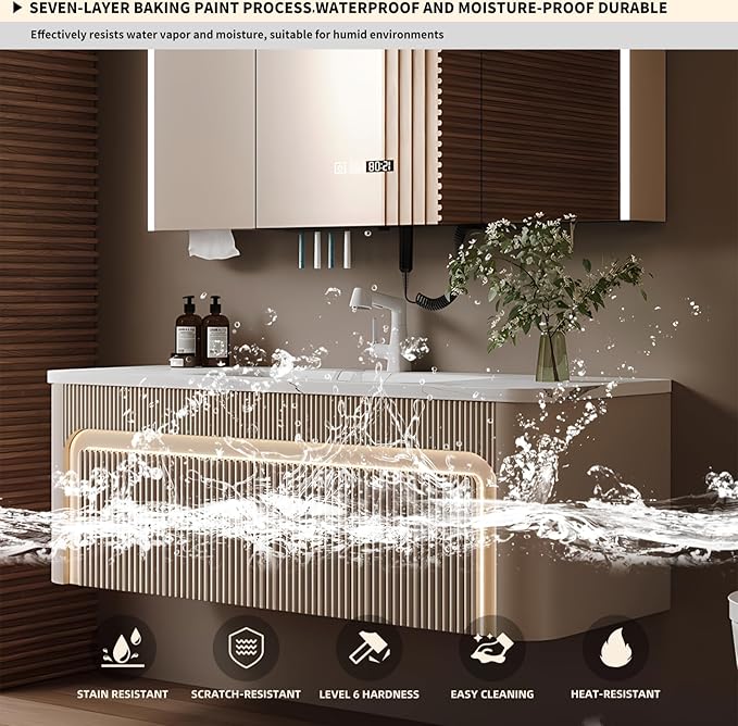 44” Bathroom Vanity Set, Floating Bathroom Vanities with Single Sink, Smart Defog Mirror Cabinet and LED Strip Light, Oak Wood Elegant Bathroom Cabinet with Storage Space (Milk Coffee)