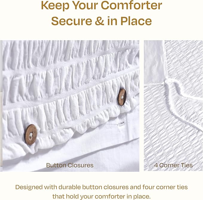 California Design Den Queen Size Duvet Cover Set, 100% Cotton 3 Pc Cover & Sham Set, Soft Textured White Seersucker Duvet Cover 92" x 90" to Fit Queen Size Duvet (Seersucker, Queen)