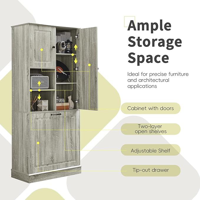 Tall Storage Cabinet with Adjustable Shelves & Flip-Out Basket, MDF Material with Aluminum Alloy Handles, Large Capacity for Bathroom, Kitchen, Living Room, Office Organizer, Oak