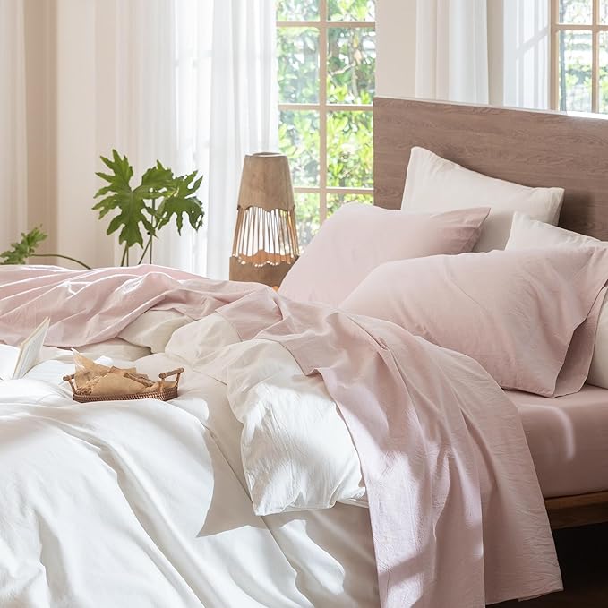 MooMee Bedding Sheet Set 100% Washed Cotton Linen Like Textured Breathable Durable Soft Comfy (Heathered Greyish Pink, Full)
