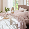 MooMee Bedding Sheet Set 100% Washed Cotton Linen Like Textured Breathable Durable Soft Comfy (Heathered Greyish Pink, Twin)