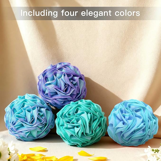 Large Bath Sponge Pouf 70g, 6.3 Inch Exfoliating Shower Loofah, Soft Durable PE Mesh with Reinforced Knotting, Rich Lather Body Wash Scrubber, 4-Pack Elegant Colors Gift Set（A-4Pcak）