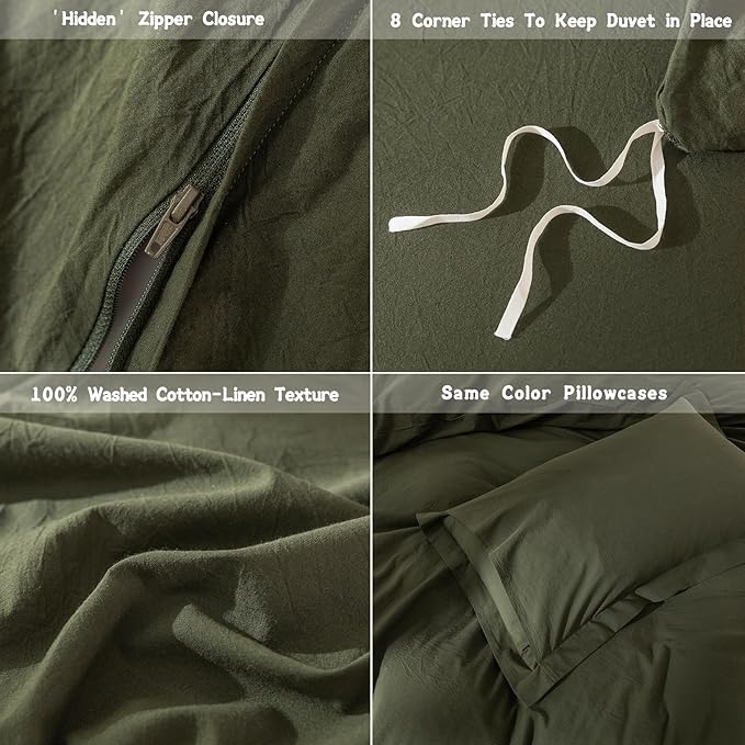 Olive Green Duvet Cover Queen Size, 100% Washed Cotton Bedding Set Cover 1 Duvet Cover 90inch x 90inch with Zipper Closure and 2 Pillowcases, Olive Green
