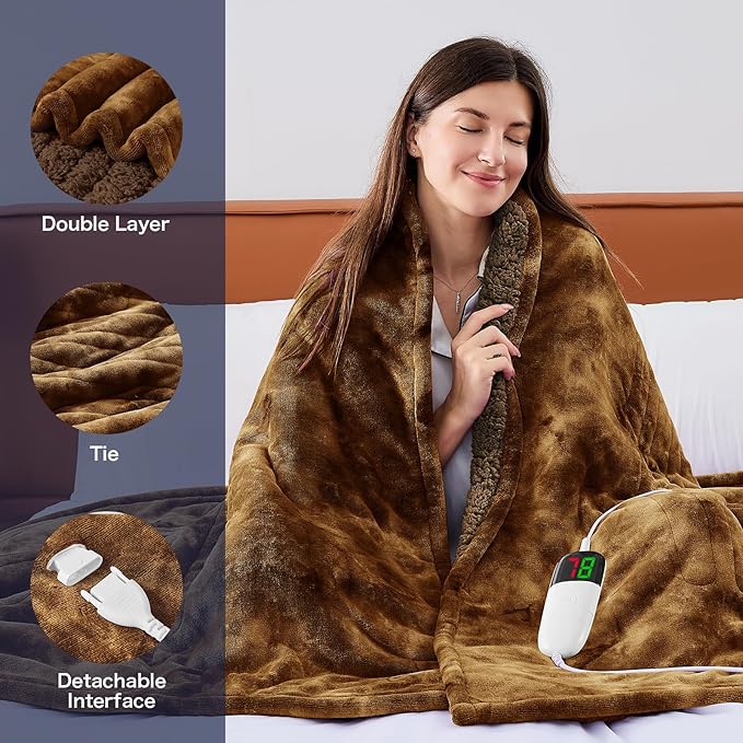 greenoak Heated Electric Blanket Throw, Faux Fur Sherpa Heating Blanket for Sofa Bed, Warm Winter Gifts for Dad/Grandma, Heater Lap Blankets 5-Position Timer &10 Heating Levels 50''*60" Brown