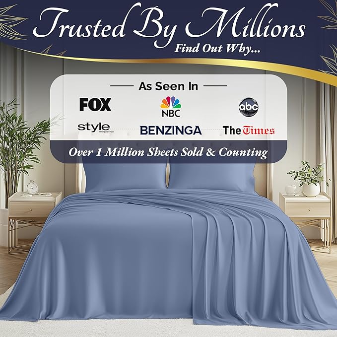 DECOLURE 100% Viscose Derived from Bamboo Sheets Queen Size 4pcs - Ultra Soft & Luxuriously Cooling, 17" Deep Pocket, Double Stitching, Perfect for Hot Sleepers - Queen Bed Sheets (Light Blue)