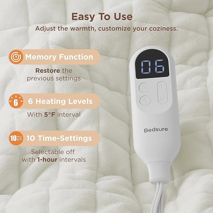 Bedsure Electric Blanket Twin - Quilted Heated Blanket Twin Size, Soft Flannel Thick Heating Blanket with 10 Time Settings & 6 Heat Settings, Warm Gifts for Women Men (62x84 inches, Ivory)