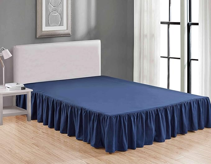 Sheets & Beyond Wrap Around Solid Microfiber Luxury Hotel Quality Fabric Bedroom Gathered Ruffled Bedding Bed Skirt 14 Inch Drop (Full, Navy)
