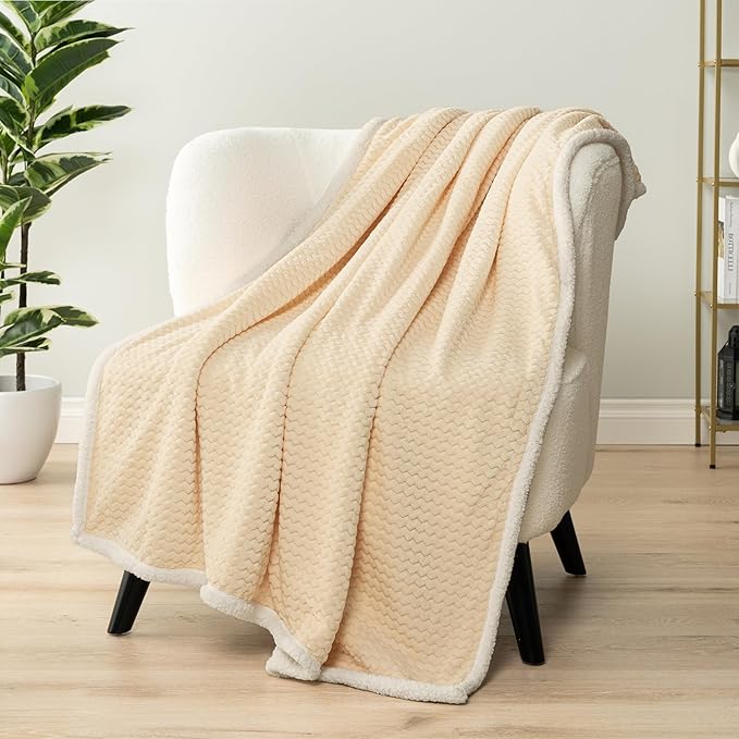 PAVILIA Cream Twin Bed Blanket Reversible Sherpa Chevron, Soft Cozy Jacquard Weave Textured Throw Sofa Couch, Thick Warm Large Fleece Car Blanket, Decorative Plush Home Decor Gift, 60x80 Ivory Beige