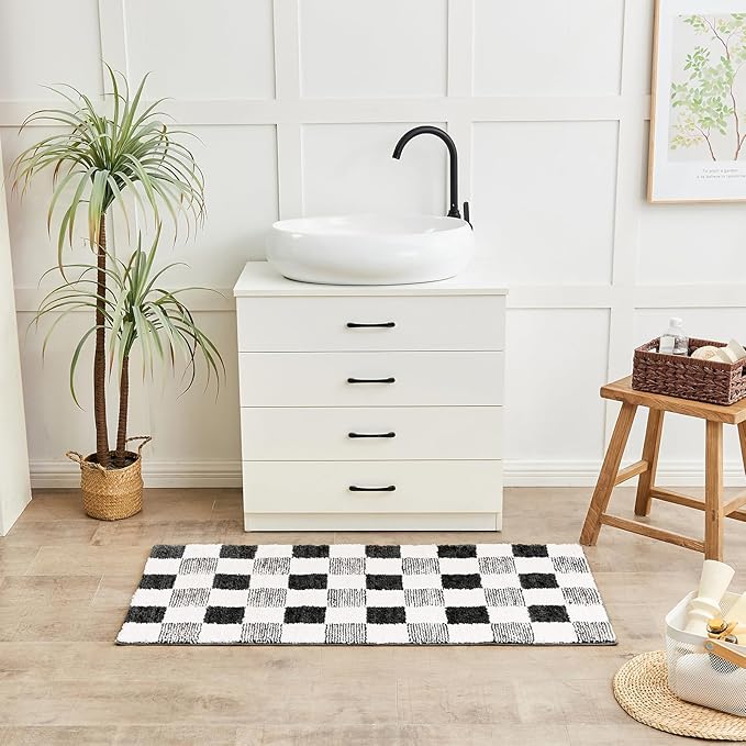 CozeCube Bath mats for Bathroom Non Slip, Fluffy Absorbent Microfiber Bath mat Washable, Aesthetic Bathroom Rugs, Long Jet Black Checkered Bath Runner, Jet Black, 59" x 24"