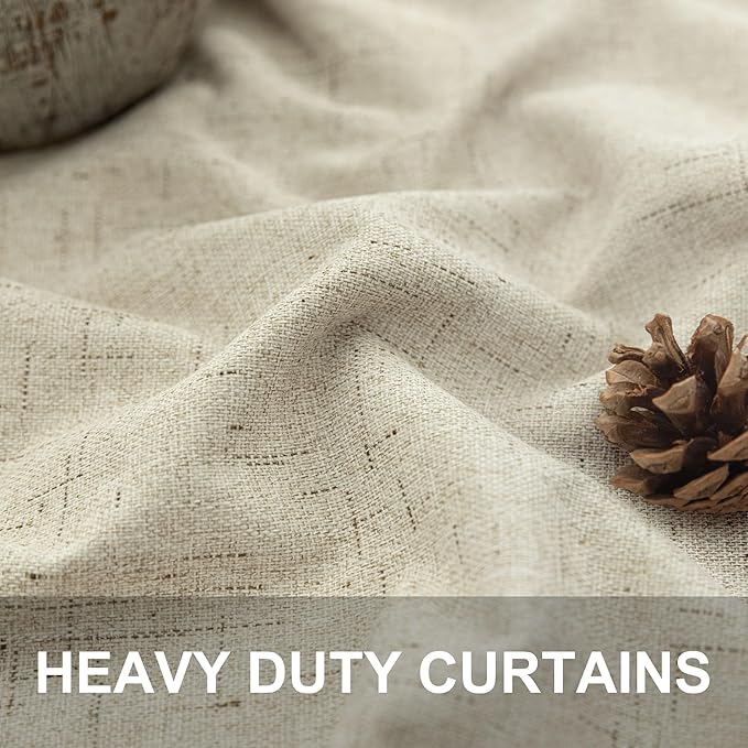100% Blackout Neutral Curtains for Living Room 96 Inches Long 8 ft Faux Linen Rustic Country Drop Cloth Drape Dark Out Curtain for Bedroom Thermal Insulated 52x96 Floor to Ceiling Length 2 Panel Beige