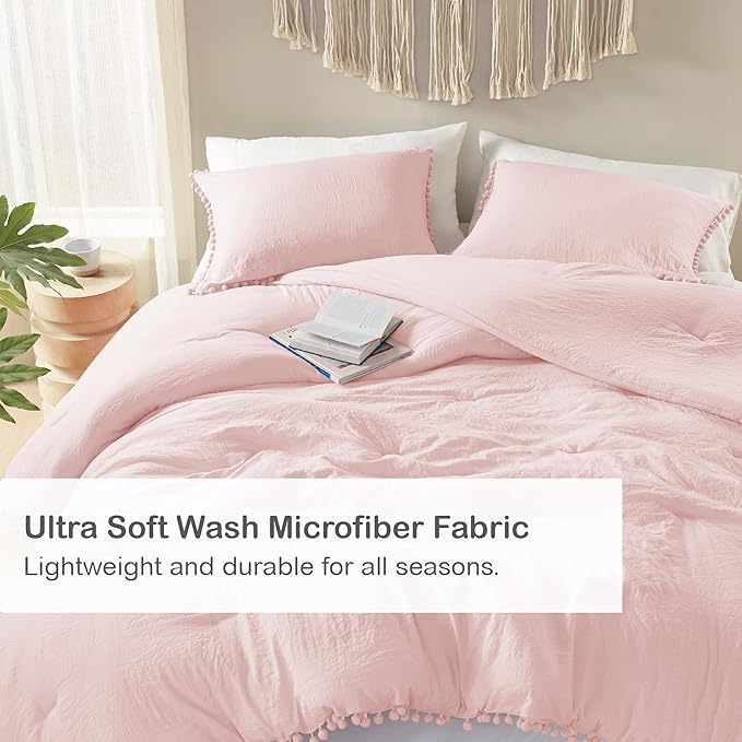 Codi Blush Pink King Comforter Set - Boho Chic Bedding with Elegant Pom Fringe, Soft Washed Microfiber 3pc Luxury Set, Lightweight & Breathable for Master Bedroom, 1 Comforter & 2 Pillow Shams