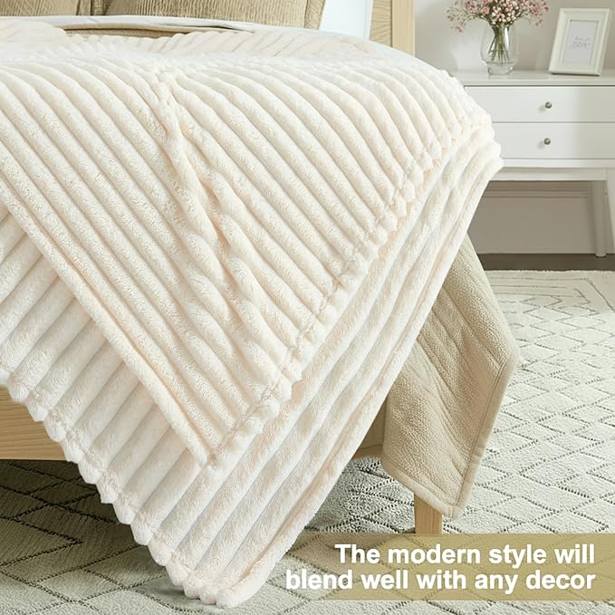decorUhome Christmas Soft Fleece Cream White Twin Blanket for Bed, Cozy Fluffy Plush Flannel Striped Throws for Couch Sofa, Lightweight Decorative Ribbed Fuzzy Blanket for Woman, 60x80 Inches