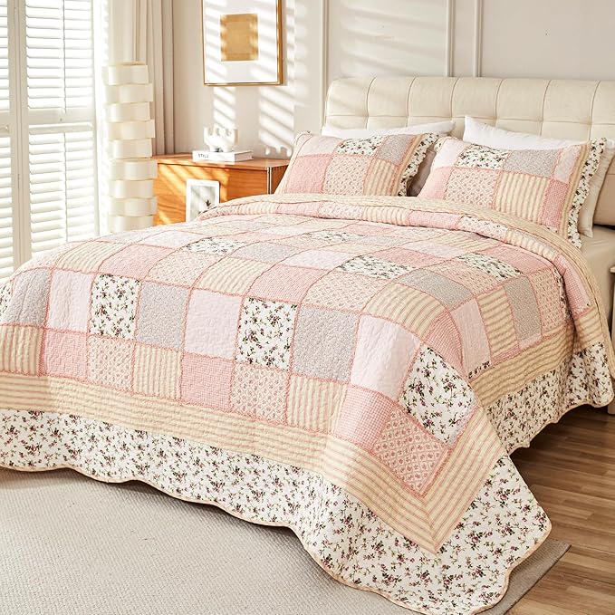 Cmfshape Floral Quilt Sets Bedspread Set 100% Cotton Patchwork Bedding Set, All Season Use Lightweight Reversible Coverlet Quilts with 2 Pillow Shams(King 106"x96")