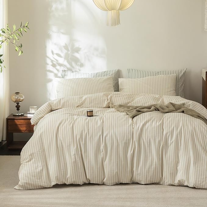 FOSSA Striped Duvet Cover Set 100% Washed Cotton Linen Feel Super Soft Breathable Cozy 3 Pieces Bedding Sets Almond Milk Grey Classic Stripes Queen