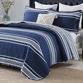 Striped King Size Quilt - 100% Cotton Navy Blue White Striped Modern Boys Men Unisex Quilt Bedspread for King Bed, Lightweight Reversible Quilted Bedding Set with 2 Pillow Shams for All Season