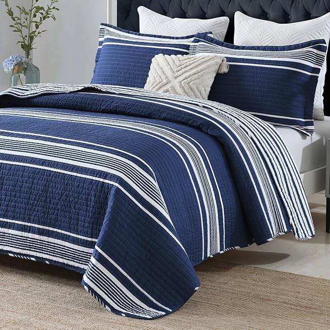 Striped King Size Quilt - 100% Cotton Navy Blue White Striped Modern Boys Men Unisex Quilt Bedspread for King Bed, Lightweight Reversible Quilted Bedding Set with 2 Pillow Shams for All Season