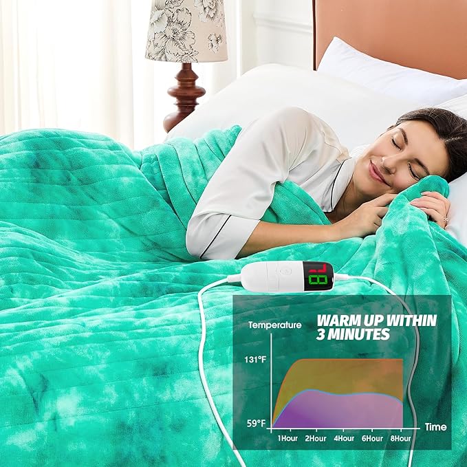 greenoak Heated Electric Blanket Throw, Faux Fur Sherpa Heating Blanket for Sofa Bed, Warm Winter Gifts for Women/Her, Heater Lap Blankets 5-Position Timer &10 Heating Levels 72''*84" Aqua