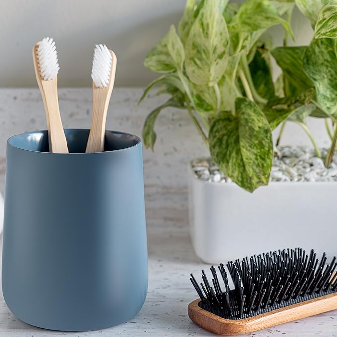 Matte Blue Toothbrush and Toothpaste Holder and Cup for Bathroom Vanity and Countertop, Round Organizer for Electric Toothbrushes, Floss, Razors, Cotton, and Mouthwash