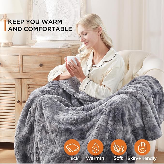 Westinghouse Electric Heated Throw Blanket, Faux Fur with 6 Heating Levels & Auto Off, Soft Cozy Sherpa Washable Blanket (50" x 60", Grey)