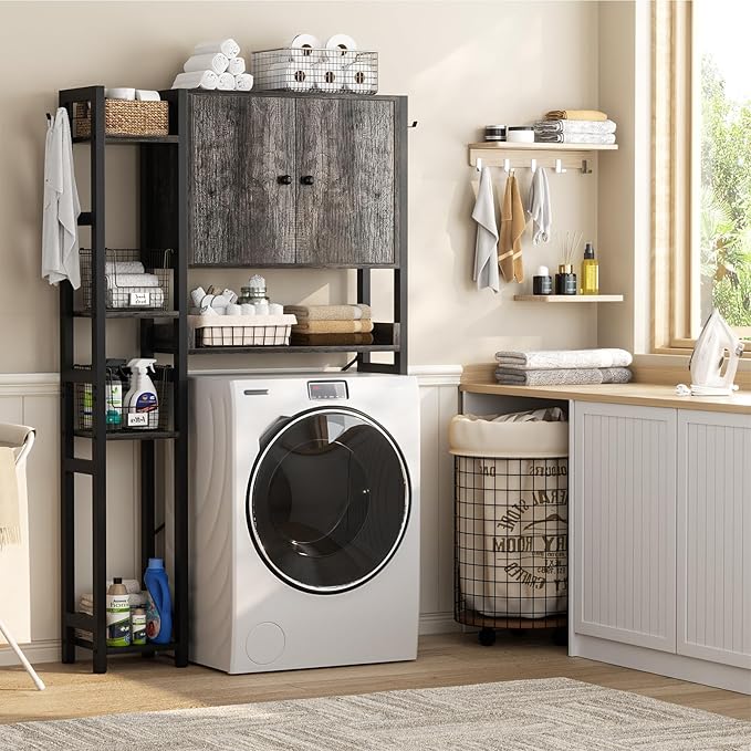 Over The Toilet Storage Cabinet with Doors - 7 Tier Bathroom Organizer with Adjustable Shelf, Freestanding Space Saver Rack Above Toilet Stand with 4 Hooks for Bathroom, Restroom, Laundry, Grey Oak