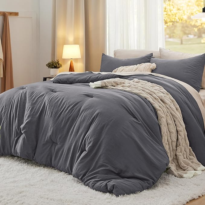 Bedsure King Size Comforter Set, Dark Grey Soft Prewashed Bedding for All Seasons, 3 Pieces GentleSoft™ Warm Down Alternative Bed Set, 1 Lightweight Comforter (104"x90") and 2 Pillowcases (20"x36")