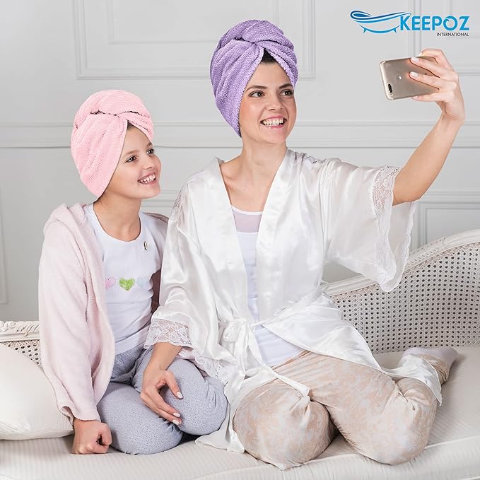 KEEPOZ Hair Towel Wrap Quick Dry 100% Cotton Super Absorbent Turban Head Wrap for Women with Button, Non Microfiber Anti Frizz Products, Hair Cap for Curly, Long (Lilac Pink Check, 2 Pcs)