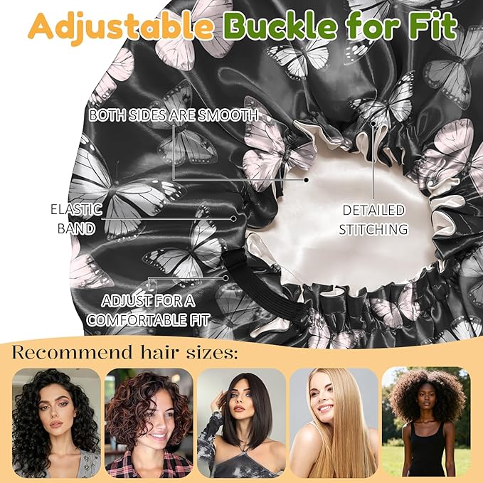 2 PCS Bonnets for Women Girls Satin Hair Bonnet Silk Adjustable Elastic Double Layer Hair Wrap Sleep Cap Comfort Cute-Flower Butterfly