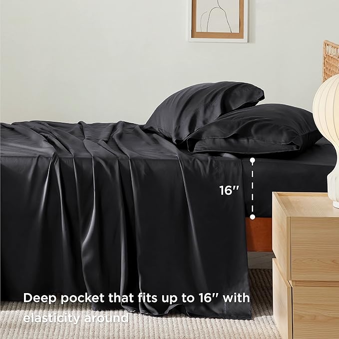 Bedsure California King Sheet Sets, Cooling Sheets for Hot Sleepers, Rayon Derived from Bamboo, Breathable & Soft, Deep Pocket Up to 16 Inches, Hotel Luxury Silky Bedding, Black